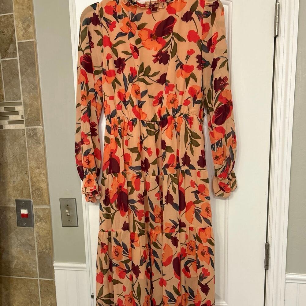 Peachy Pink Floral Empire Waist Ruffle Tiered Maxi Dress Boho Cottagecore Small - Picture 11 of 16